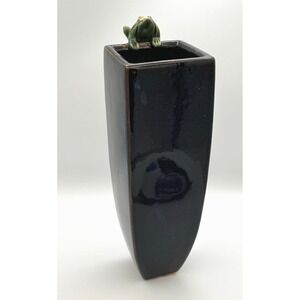 Tall Navy Blue Glazed Pottery Vase Frog Finial Modern Minimalist Decor 14"